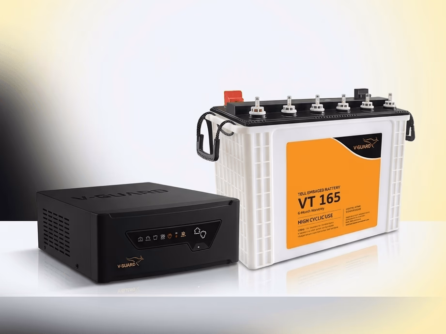 V-Guard Inverter and VT 165 Tubular Battery on a kitchen counter